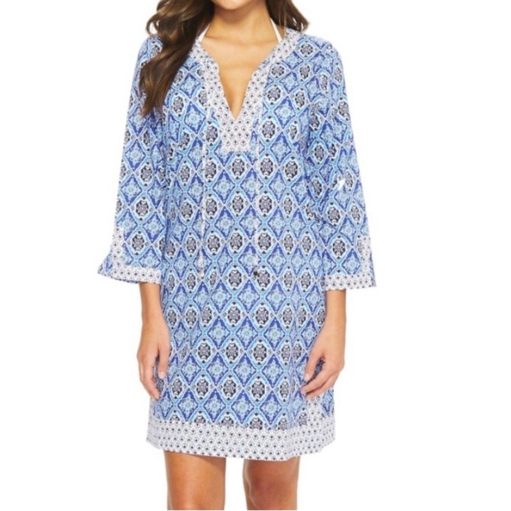 EUC TOMMY BAHAMA BLUE & WHITE GEO PRINT SWIMSUIT COVERUP DRESS SIZE M